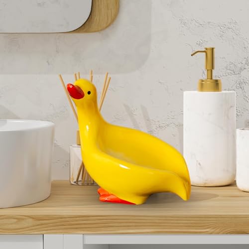 Ceramic Duck Soap Dish with Self-Draining Tray, Yellow Bathroom Soap Holder for Shower, Bathtub, and Kitchen Countertop - color: Yellow