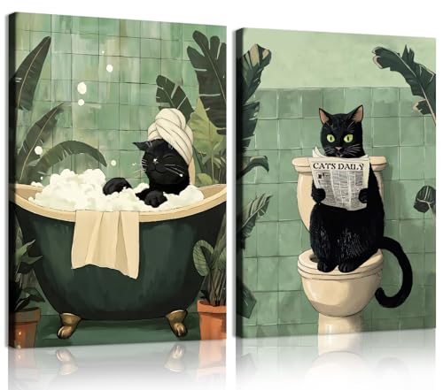 RUMSICH 2-Pcs Fun Black Cat Bathroom Canvas Wall Art Whimsical Animal Bathroom Wall Decor Green Tropical Toilet Bathtub Cat Humorous Artwork Print for Bathroom Toilet and Home Decor 12x16 inch Framed - color: Bathroom Cat, size: 16"L x 12"W