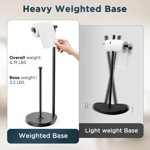 theaoo Heavy-Duty Toilet Paper Holder Stand – Modern Freestanding Bathroom Toilet Tissue Paper Roll Holder with Reserve & Storage, Stainless Steel (Black, Free Standing) - color: Black