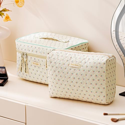 HBselect Quilted Makeup Bag, 3PCS Cotton Large Travel Makeup Bag, Cute Floral Coquette Make up Bag Cosmetic Bag Toiletry Bag for Women Girls - color: A-3PCS-Flower