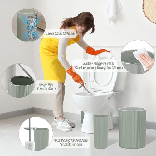 Sage Green Bathroom Accessories Set, 10PC Bathroom Set, Bath Accessory with Pop Up Trash Can, Soap Dispenser, Toilet Brush, Toothbrush Set Qtip Holders & Tray - color: Sage Green & Silver, size: 10-Piece Set (Accessories Only)