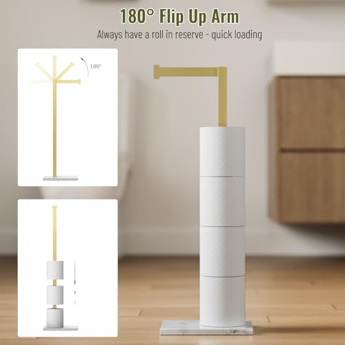 Gold Toilet Paper Holder Stand Marble Base SUS 304 Stainless Steel Freestanding Tissue Roll Holder for Bathroom Rustproof Storage for 4 Rolls Brushed Gold by Homevacious - color: Brushed Gold