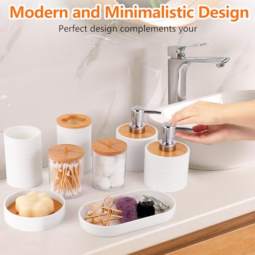 Bathroom Accessory Set,10 PCS White Bathroom Accessories Set with Trash Can, Toothbrush Holder, Soap Dispenser, Toothbrush Cup, Vanity Tray, Soap Dish, Toilet Brush, Qtip Holders - color: White
