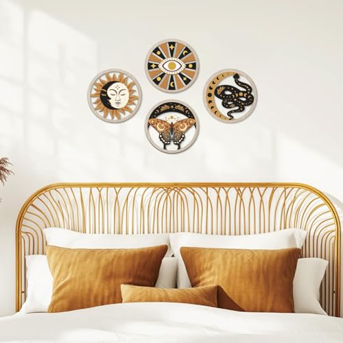 TOARTi 4Pieces Black Gold Gothic Wooden Wall Art, Mystical Witchy Sun Moon Butterfly Round Wall Decor,Boho Celestial Hanging Sign, Modern Aesthetic Mystical Snake Evil Eye Artwork - color: 4PCS Black Gold Gothic Wooden Wall Art