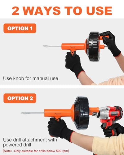 33FT Drain Snake Auger with Auto-Feed Manual/Powered, Drain Clog Remover Tool for Sink, Toilet, Shower & Tub, Professional Plumbing Snake, Gloves & Storage Drum, Easy Clear Hair Clogs