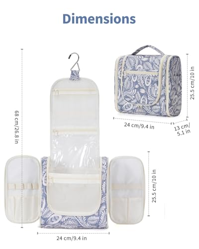 Narwey Hanging Toiletry Bag for Women Travel Makeup Bag Organizer Toiletries Bag Men for Cosmetics Essentials Accessories(Large, Blue Leaf) - color: B-Blue Leaf, size: Large