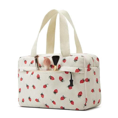 Large Makeup Bag for Women Corduroy Cosmetic bag Make up Bags Zipper Pouch with handle Cosmetic Organizer Toiletry Bag for Travel Storage - color: 30-Strawberry White