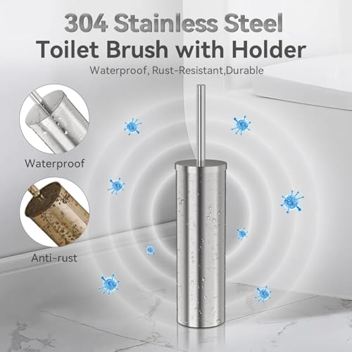 DOWRY Stainless Steel Toilet Bowl Brush and Holder for Bathroom, Deep Cleaning Toilet Brush and Holder Set with Long Handle, Hidden Toilet Bowl Brush with 2 Heads,Modern Decor Nickel Round 2PCS - color: Nickel-round-2p, size: Round