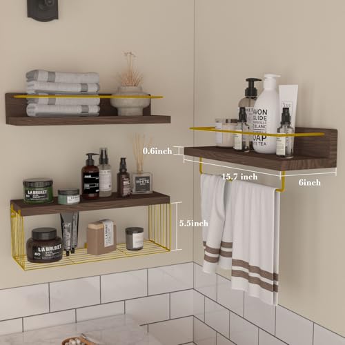 PopiShelves Bathroom Shelves Over Toilet for Wall, Floating Shelves with Storage Basket Paper Holer for Kitchen Living Room, Bedroom & Classroom, Set of 3 (Brown and Gold) - color: Brown and Gold, size: 15.7"