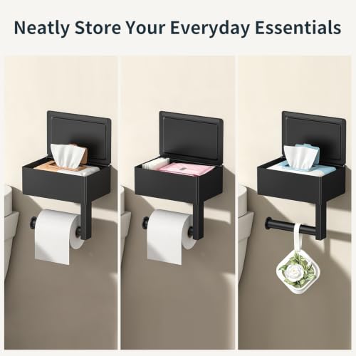 FORIOUS Toilet Paper Holder with Shelf, Sanitary Napkin Receptacle Tampon Holder, Wall Mount Toilet Paper Holder with Storage, Flushable Wipes Dispenser Fits for Bathroom Commercial(Black, 6.5 L) | The smaller, lighter box is not suitable for large wipes.