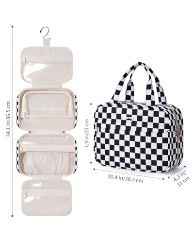 Narwey Hanging Toiletry Bag for Women Checkered Travel Makeup Bag Organizer Cosmetic Make up Toiletries Bag for Travel Essentials Accessories (Black Checkerboard, Medium) - color: Black Checkerboard, size: Medium