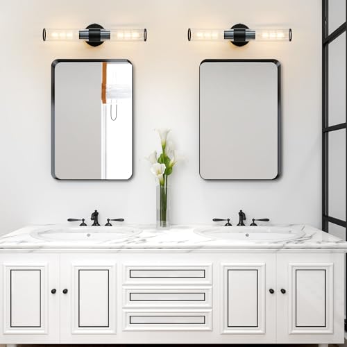 Bathroom Vanity Light Fixtures, Black Wall Sconces in Threaded Glass, Modern Wall Light for Bathroom Living Room Bedroom, Hallway - Bulb Not Included - color: Black-Threaded Glass