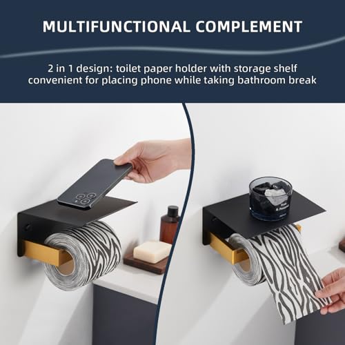Angle Simple Toilet Paper Holder with Shelf, 304 Stainless Steel Bathroom Tissue Roll Holder for Wall Black and Gold - color: Black & Gold, size: Single Rod