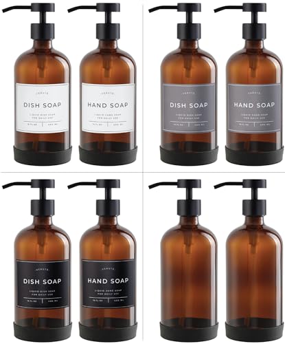 Hand and Dish Soap Dispenser for Kitchen and Bathroom, Set of 2 16 Oz Glass Bottles, Stainless Steel Pumps, Non-Slip Silicone Base, 27 Waterproof Labels (Amber Bottle/Black Pump) - color: Amber Bottle / Black Pump