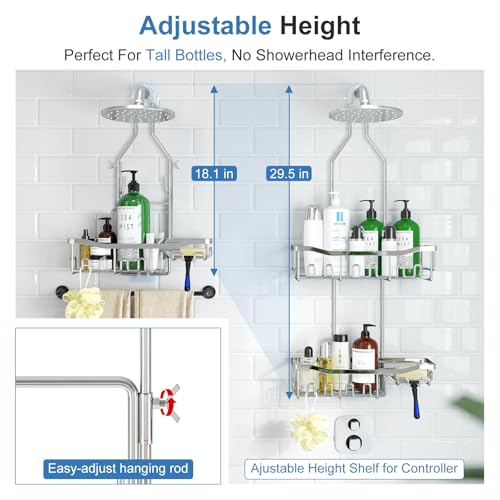 Upgraded Extended Length Shower Organizer with Hooks, Rustproof Shampoo Soap Holder, Large Hanging Bathroom Caddy, Silver - color: Silver - 2 Tier - Standard
