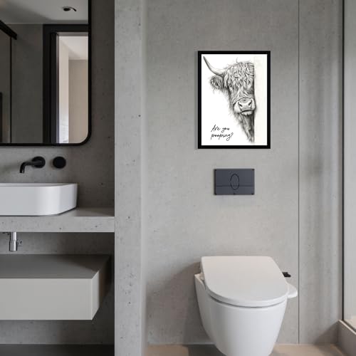 Urmoya Black and White Funny Highland Cow Bathroom Wall Art, Rustic Farmhouse Wall Decor with Humorous Are You Pooping Canvas Print, Cute Animal Art Prints Ready to Hang 12x16 Inch Wood Framed - color: Cow, size: 16"L x 12"W