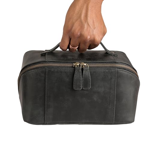 KomalC Luxury Leather Men’s Toiletry Travel Bag – Handmade Shaving Kit with Waterproof Interior, Spacious Storage & Carry Handle – leather travel Kit Bag for Men & Women (Black) - color: Black