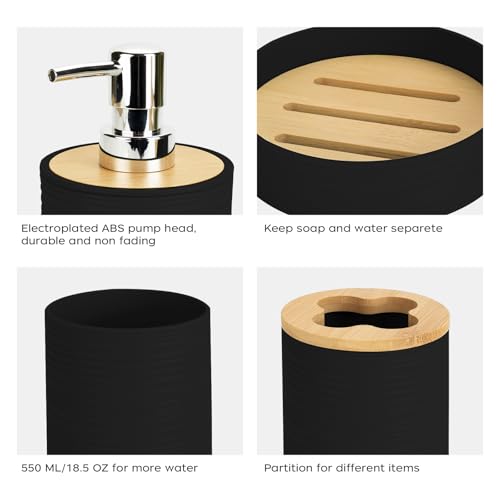 4 PCS Black Bathroom Accessories Set, Includes a Soap Dispenser, Toothbrush Holder, Soap Dish and Mouthwash Cup, Plastics & Bamboo Bathroom Set, Bohemian Style Bathroom Sink Set - color: Black, size: 4 PCS