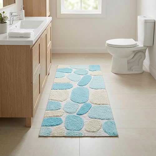 THE BEER VALLEY Pebble Bath Runner Rug 2x5 Feet - Turquoise | Non Slip Cotton Runners for Bathroom, Washable Absorbent Long Bath Floor Rugs - color: Aqua/Turquoise, size: 24 x 60 inches