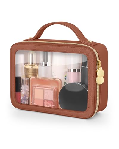 Soimeat Clear Makeup Bag, Portable Travel Cosmetic Bags, Multipurpose Leather Toiletry Bag with Zipper, Waterproof Transparent Cosmetic Organizer for Women, Medium, Brown - color: Brown, size: Medium