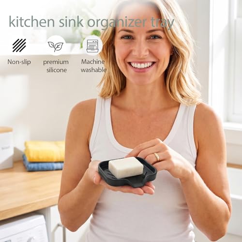 MicoYang Silicone Soap Dish with Drain Spout, Self-Draining Sink Organizer Tray for Bathroom and Kitchen, Sponges, Dispensers and Soap Holder, Non-Slip and Dishwasher Safe, Coffee (Compact, 4.9"×3.2") - color: Coffee, size: S(4.9"×3.2")