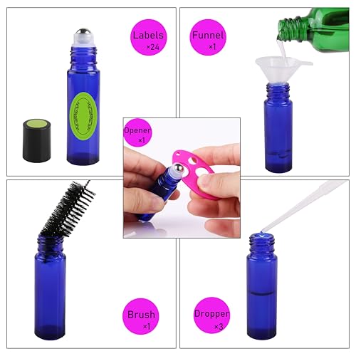 inice 12 Pack Essential Oil Roller Bottles 10ml Cobalt Blue Glass Bottles Stainless Steel Roll On Ball for Daily Care - color: Cobalt Blue Roller Bottles - 12 PACK