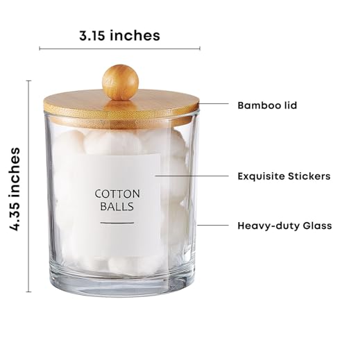 Glass Apothecary Jars with Bamboo Lids for Bathroom Organization, Q tip Holder and Cotton Ball Holder are Great for Farmhouse Decor, Rustic Bathroom Decor-2 Pack