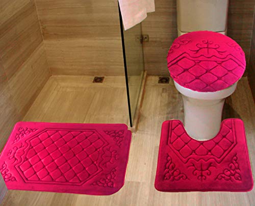 All American Collection 3PC Memory Foam Bath Mats Soft Plush Crown Design Anti-Slip Shower Bathroom Contour Toilet Lid Cover Rugs (HOT Pink) - color: Hot Pink