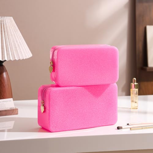 RSRSLEII Stardust Twinkle Jelly Travel Makeup & Toiletry Bag, Waterproof PVC Cosmetic Bag/Case for Women，Zipper SPF Beach Bag for Sunscreen Skincare and Daily Essentials (02Hot Pink) - color: 02Hot Pink