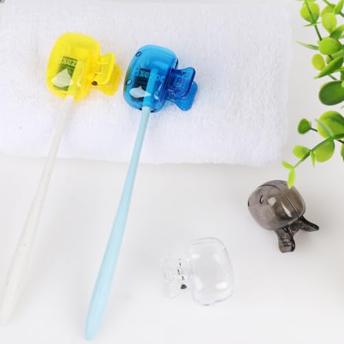 Hxezoc 4 Pack Toothbrush Covers Toothbrush Holders Portable Toothbrush Protector Cap Brush Pod Case Protective Plastic Clip for Household Travel, Camping, Bathroom, School, Business - color: Clear, Yellow, Grey, Blue
