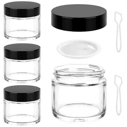 Accmor 2 OZ Glass Jars with Black Lids, 4 Pack Empty Cosmetic Containers Round Glass Travel Jars with Inner Liners & Spatulas, Leak Proof Makeup Sample Container for Storing Lotions, Cream, Ointments - color: Black, size: 2 Ounce