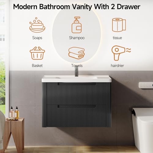 ONBRILL Modern Bathroom Vanity with Sink Combo, Curved Floating Bath Vanity with 2 Drawers, Wall Mount Bathroom Vanities with Integrated Ceramic Sink for Small Space, Apartment (Black, 32“) - color: Black, size: 32“