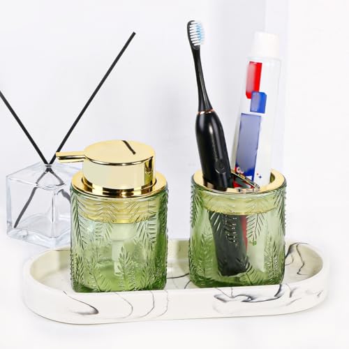 2pcs Glass Bathroom Accessories, Green Bathroom Set, Toothbrush Holder and Soap Dispenser, Gold Soap and Toothbrush Holder Set for Vanity Countertop Decor