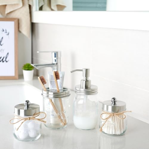 SheeChung Mason Jar Toothbrush Holders, Glass Toothbrush Holders for Bathroom, Bathroom Essentials, Mason Jar Bathroom Accessories Set, Bathroom Countertop Organizer-Brushed Steel - color: Brushed Steel
