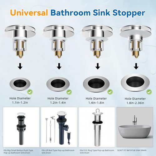 Universal Metal Bathroom Sink Stopper, Pop-Up Hair Catcher Strainer, Chrome | Large Cover Cap, Sink Drain Strainer with Detachable Double Filter, Drain Plug Fits 1.1"-2.36" US Basin, Brass Bounce Core - color: Chrome