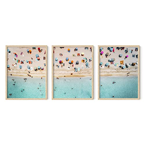 HAUS AND HUES Frame Beach Wall Art - Set of 3 Seascape Decor, Coastal Decor Frame, Nature Tropical Print Ocean, Beach Prints (Beige 12x16) - color: Beach Umbrellas, size: 12"L x 16"W, style: Beige Framed