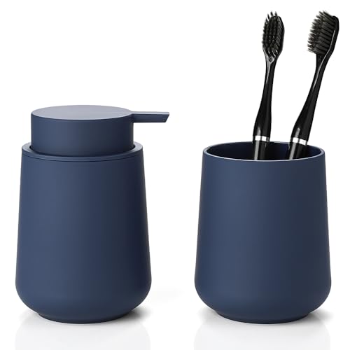 YAUKPH Matte Blue Bathroom Accessories 2 Piece Set Plastic Soap Dispenser and Toothbrush Holder for Modern Bathroom Decor - color: Matte Blue