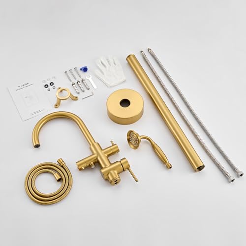 Wowkk Tub Filler Freestanding Bathtub Faucet Brushed Gold Floor Mounted Brass Bathroom Tub Faucets with Hand Shower - color: Brushed Gold