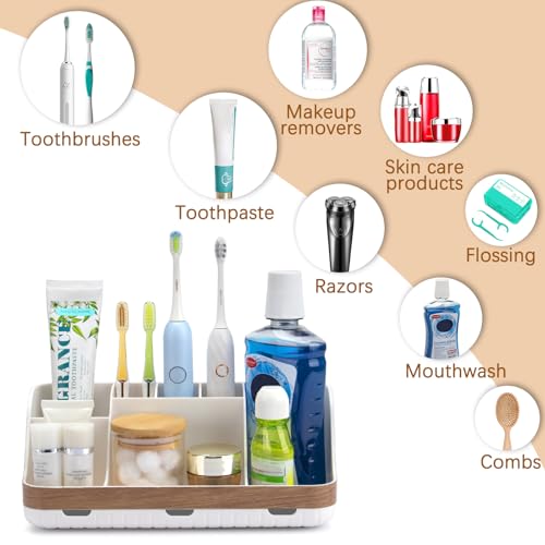 GFWARE Bathroom Countertop Organizer - Detachable 7 Slots Kids Electric Toothbrush and Toothpaste Holde Drainage for Bathroom Accessories Organization Counter Vanity Storage, Woodgrain - color: Woodgrain