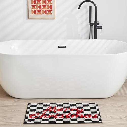 Douceur Merry Christmas Checkered Bathroom Rugs, Cute Black and White Checkerboard Bath Mat Non Slip, Soft and Absorbent Washable Bath Rugs, 24"X16" - color: Christmas Checkered-black, size: 1'4" x 2' (Rectangular)