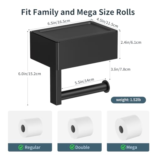 FORIOUS Toilet Paper Holder with Shelf, Sanitary Napkin Receptacle Tampon Holder, Wall Mount Toilet Paper Holder with Storage, Flushable Wipes Dispenser Fits for Bathroom Commercial(Black, 6.5 L) | The smaller, lighter box is not suitable for large wipes.