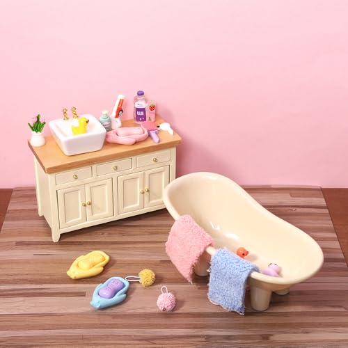 DIYDEC 75Pcs Dollhouse Mini Jewelry Storage Case Miniature Bathroom Accessories Figurines with Makeup Set Towel Cosmetic Toothbrush Shampoo Perfume Hair Dryer Comb Purse Doll Backpack Micro Scene - color: Dollhouse Makeup Set