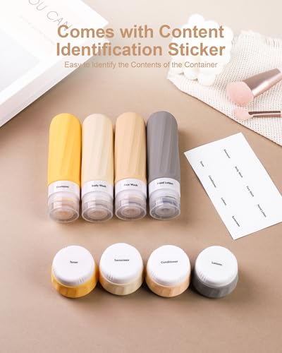 Mrsdry Travel Size Toiletries 8 Pack, TSA Approved 3oz/1oz Silicone Squeezable Creams Jars with Clear Travel Bag - color: Golden wheat field, size: 3oz bottle 1oz jar