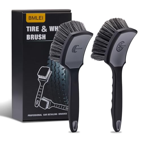 BMLEI Wheel & Tire Brush Set, 2 Pack Car Wheel Brush & Tire Cleaner Brushes, Soft Bristle Rim Brush and Stiff Tire Scrub Brush, Scratch-Free Wheel Cleaning Kit for Car Detailing, Trucks, SUVs - color: Gray&black