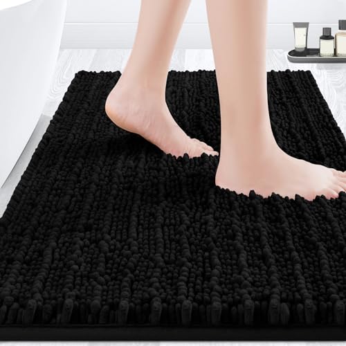ACCUMTEK Upgrade Luxury Black Bathroom Rug Mat 32"x20", Ultra Soft Thick Absorbent Bath Mats, Non Slip Chenille Toilet Mat for Bathroom, Bedroom, Kitchen, Shower, Tub - color: Black, size: 32"x 20"