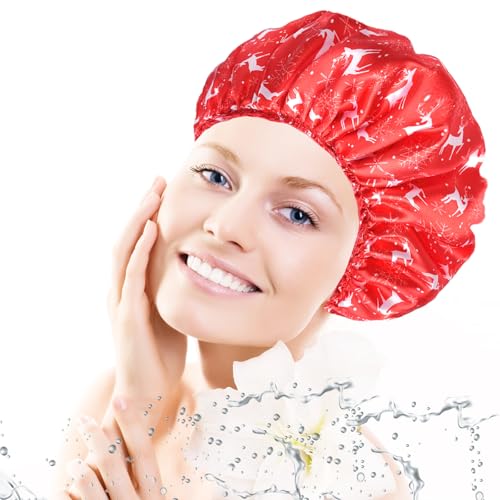 4 PCS Shower Cap for Women, Elastic and Reusable Bath Caps, Double Layers Shower Caps Reusable Waterproof, Bathing Shower Caps, Environmental Bath Hair Protection Cap - Chrismas Pattern - color: Chrismas Pattern 4 PCS/Set