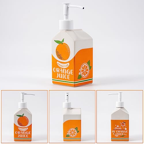 Ceramic Orange Juice Bottle Soap Dispenser, Refillable Lotion Pump Bottle for Bathroom Kitchen Dish Soap | Cute Funny Design, Refillable, Reusable, 300ml/10oz - color: Juice