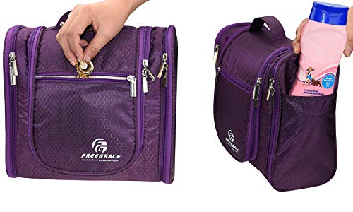 Freegrace Extra Large Hanging Toiletry Bag for Men and Women - Water-Resistant Nylon Travel Bathroom Organizer for Cosmetics, Makeup, and Toiletries - color: Purple