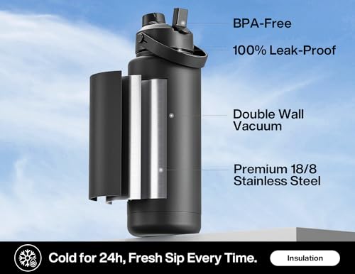 POWCAN 40 oz Insulated Water Bottle with 2-in-1 Straw and Spout Lid, Keep Cold 24H, Leak-Proof, BPA-Free, Double Wall Stainless Steel Water Bottle for Sports, Gym, Travel, and School (Dark Knight) - color: Dark Knight, size: 40 Ounces