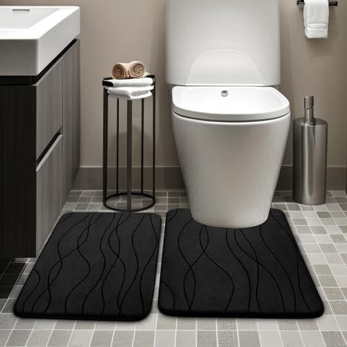 YIHOUSE Bathroom Rugs Set 2 Piece, Memory Foam Bath Mat Black | U Shaped+Small Mat, Ultra Soft, Absorbent, Non-Slip, Machine Washable, for Bathroom, Sink and Toilet - color: Black, size: 2' x 1'5" (Rectangular)